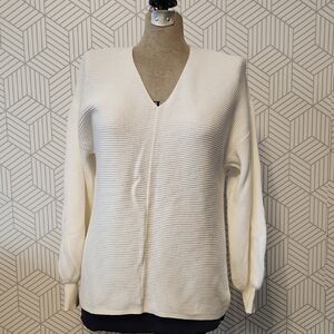 1. State Ribbed Cream Ivory V-Neck Sweater with Balloon Sleeves Women's Small